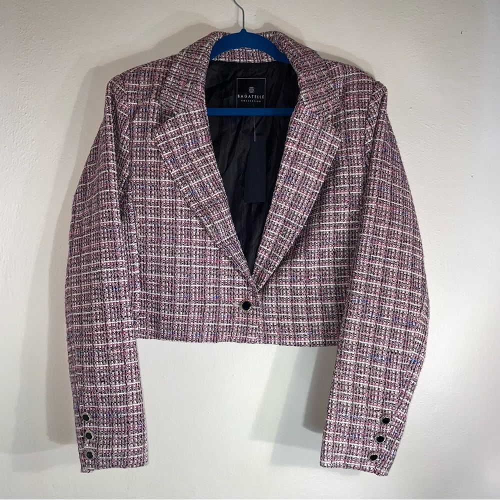NEW Bagatelle M Tweed Blazer Pink White Cropped Collar Suit Jacket